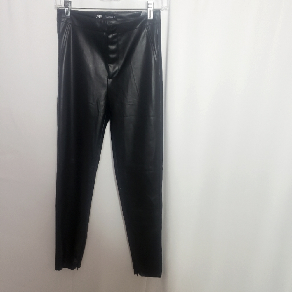 Zara, Black, Faux Leather Pants, Zipper on ankles, Unhemmed